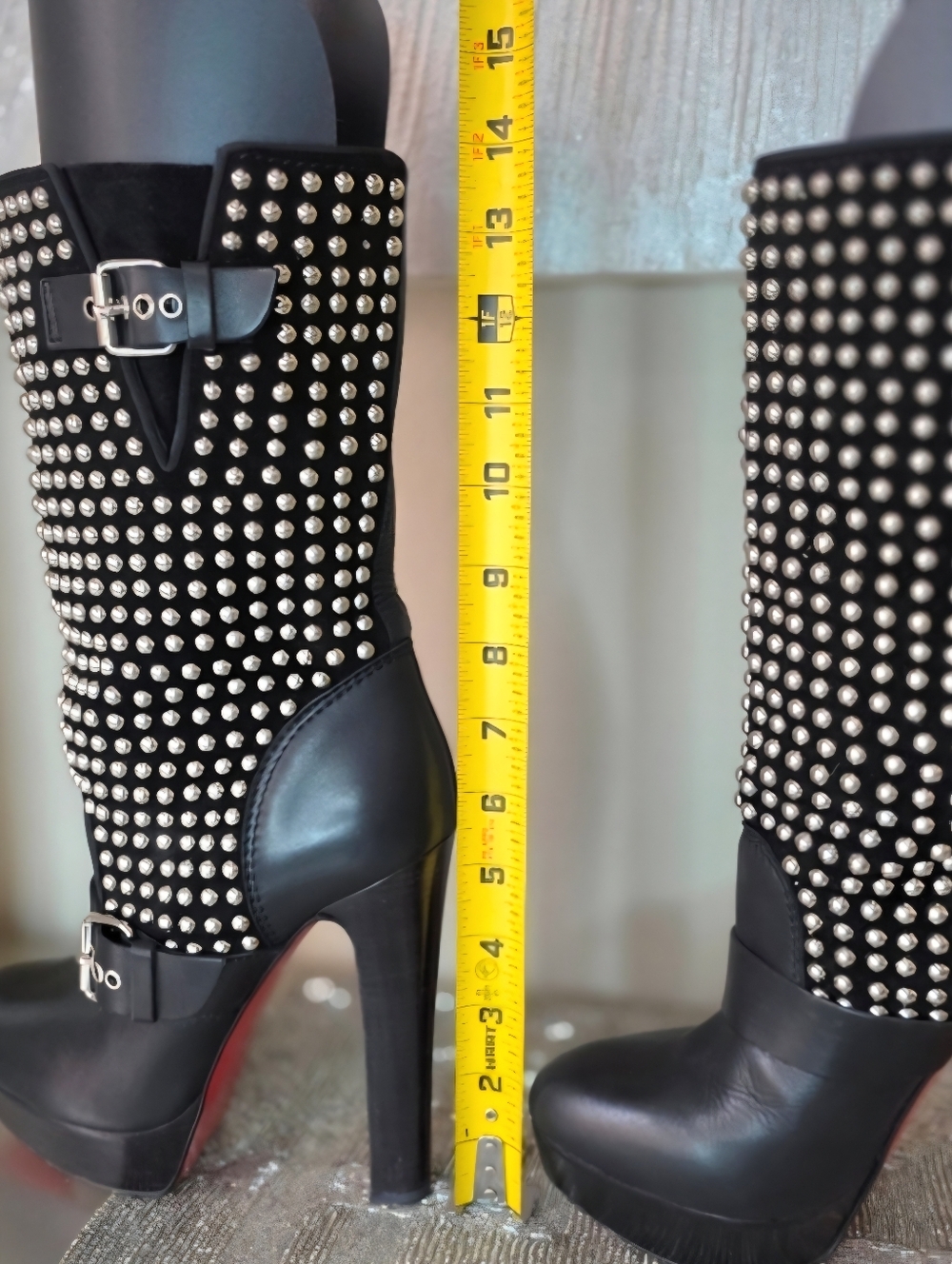 Christian Louboutin Black Leather Silver Studded Platform Platform Boots EU 38.5 - Picture 14 of 15